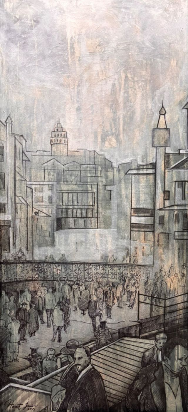 Hamit İZMİR — Tuval üzeri karışık teknik, 120 × 55 cm, 