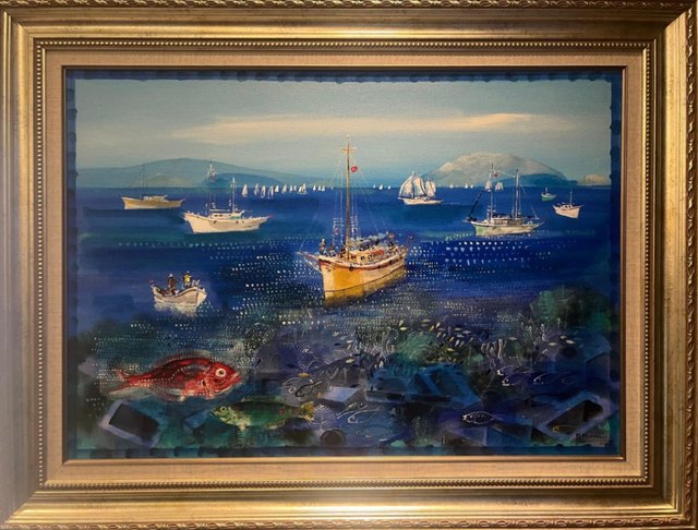 Mustafa PİLEVNELİ — Tuval üzeri yağlı boya, 50 × 70 cm, , ağırlıklı mavi tonlarda